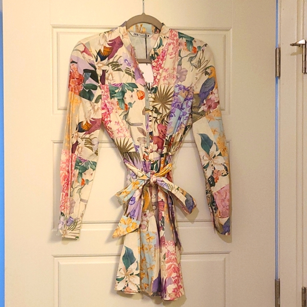 Zara Linen Blend Floral Tropical Dress Size Small